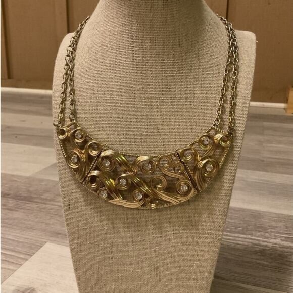 Gold Tone Clear Rhinestone Double Chain Scrolling Filigree Bib Necklace - Picture 1 of 5